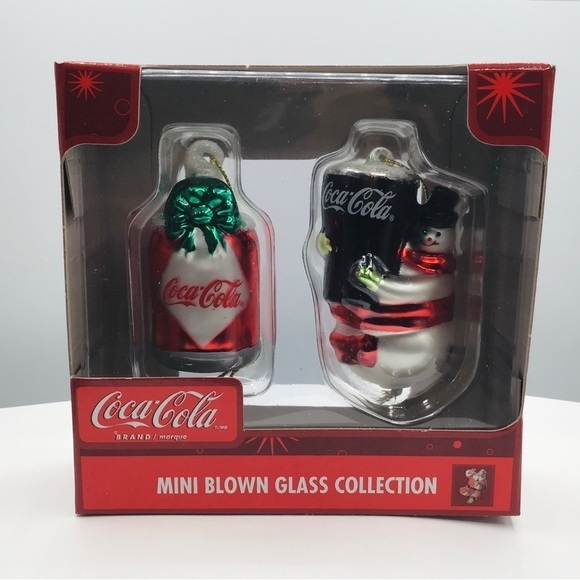 COCA Cola Set of 2 Mini Blown Glass Ornament Collection Snowman Coke Can Glitter - Picture 1 of 6